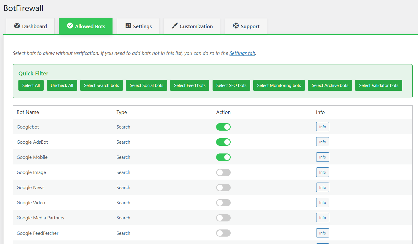 Allowed Bots tab for easy bot whitelisting.