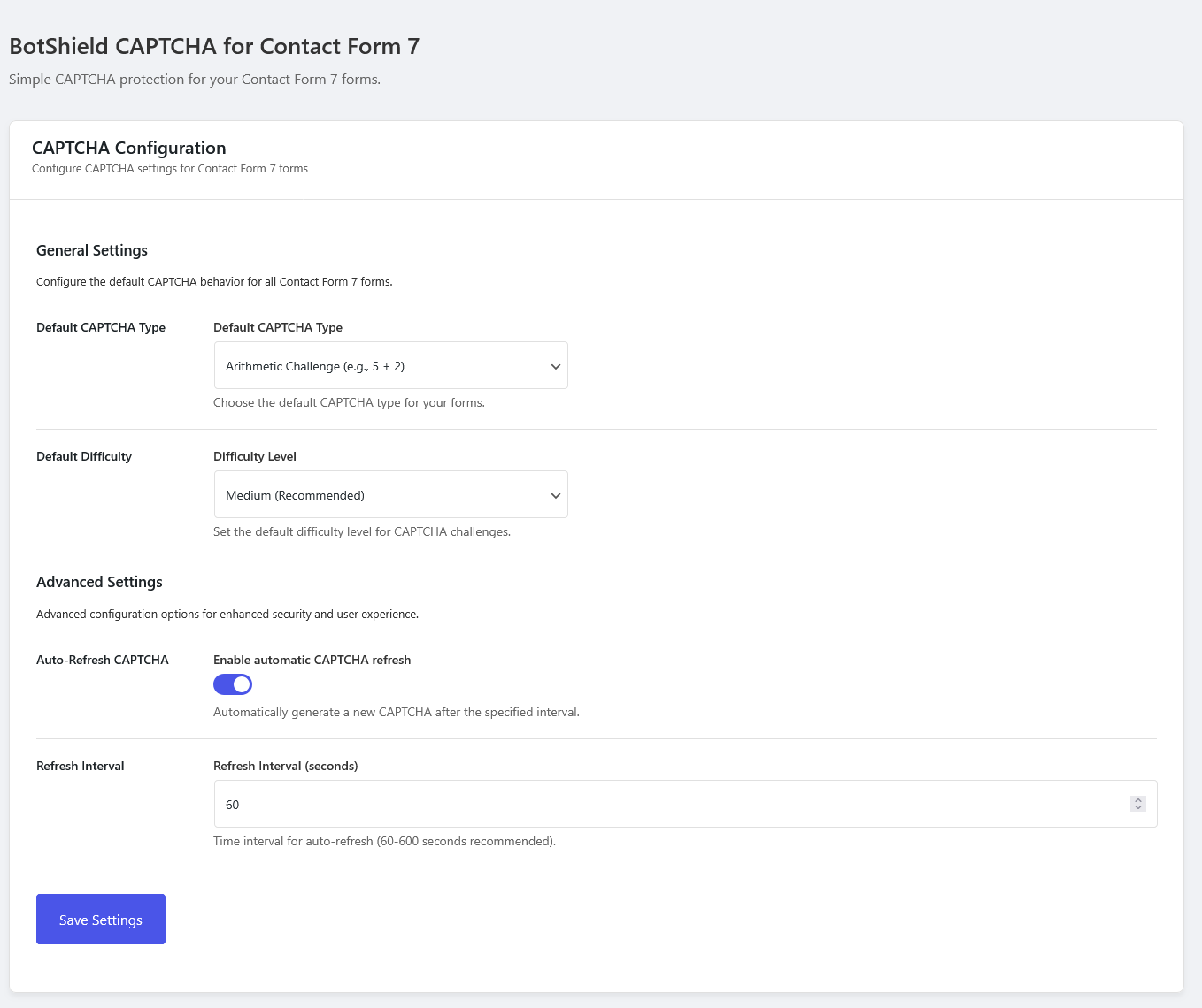 Admin settings page with intuitive controls for configuring all CAPTCHA options