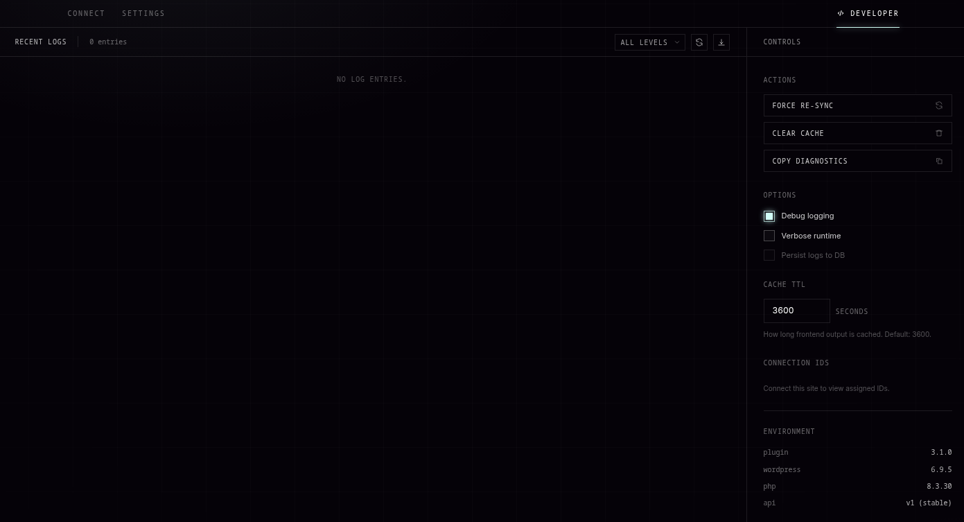Developer tab with connection, sync, cache, and diagnostic tools.