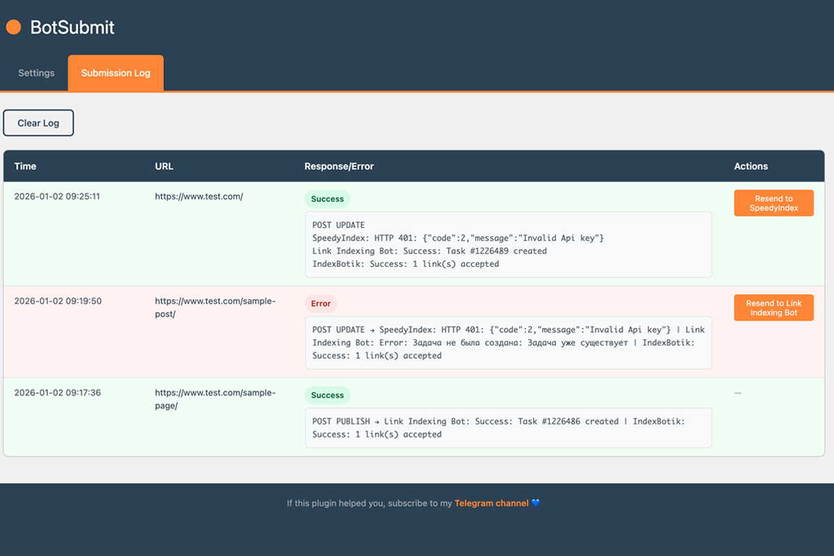 Submission log with color-coded responses and resend buttons for failed URLs