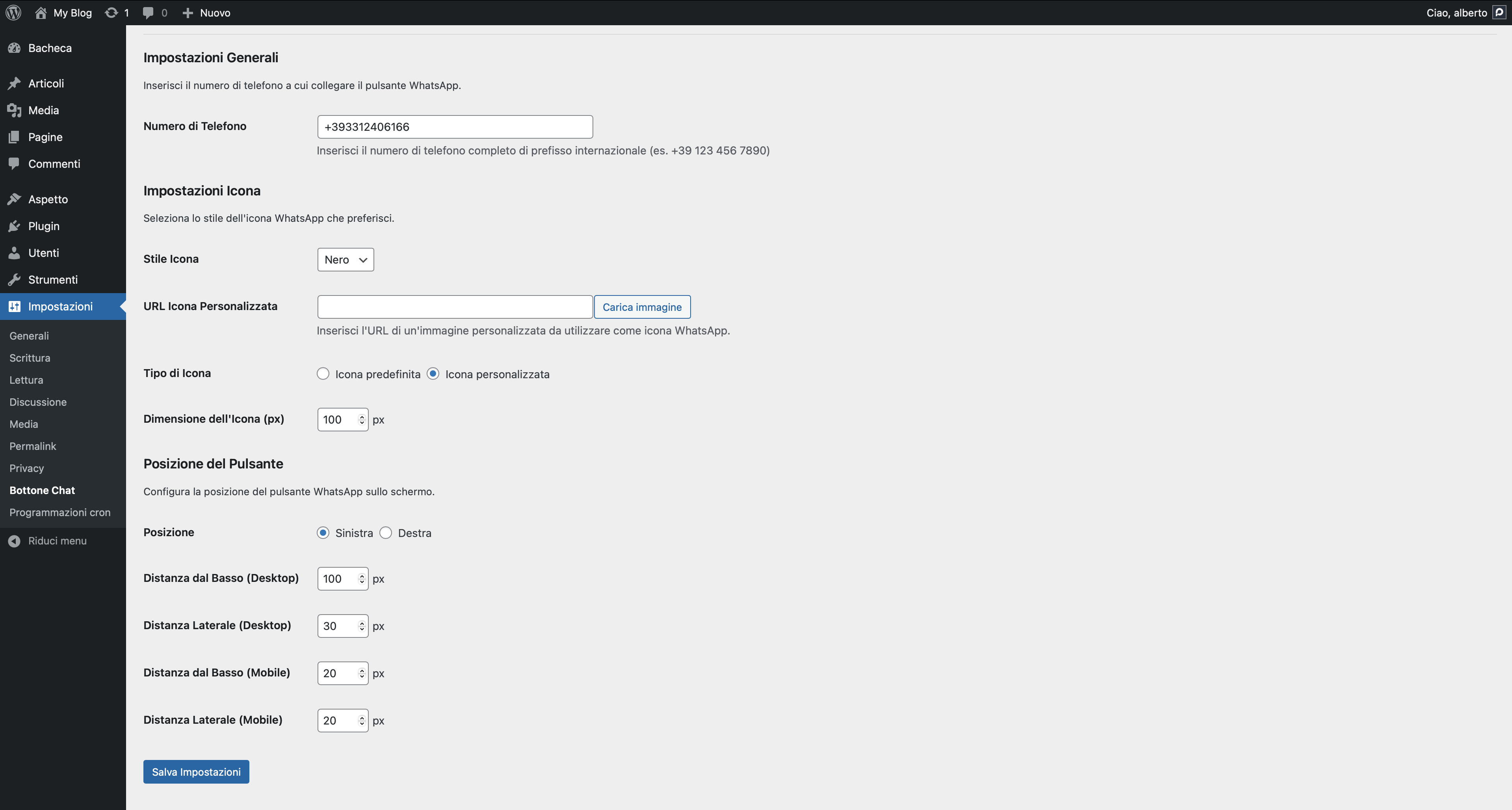 Schermata delle impostazioni del plugin nel pannello di amministrazione.