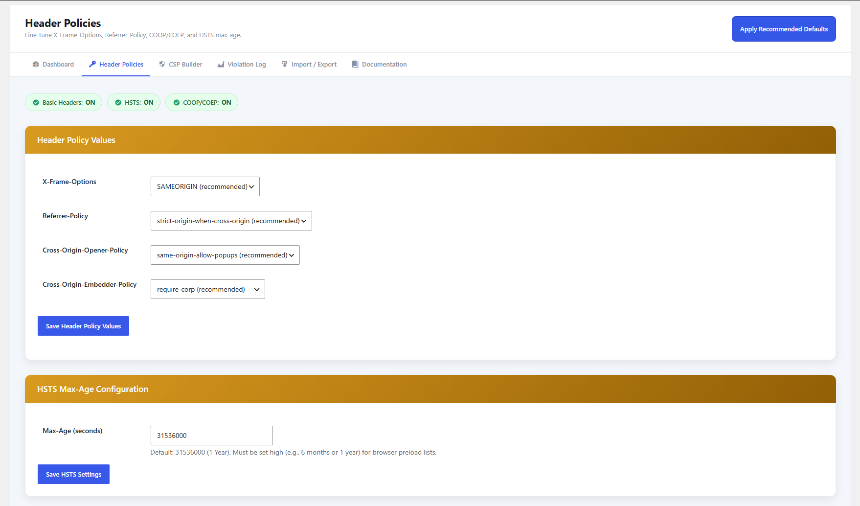 CSP Builder — one-click presets and per-directive whitelisting, with Report-Only and Nonce Mode.