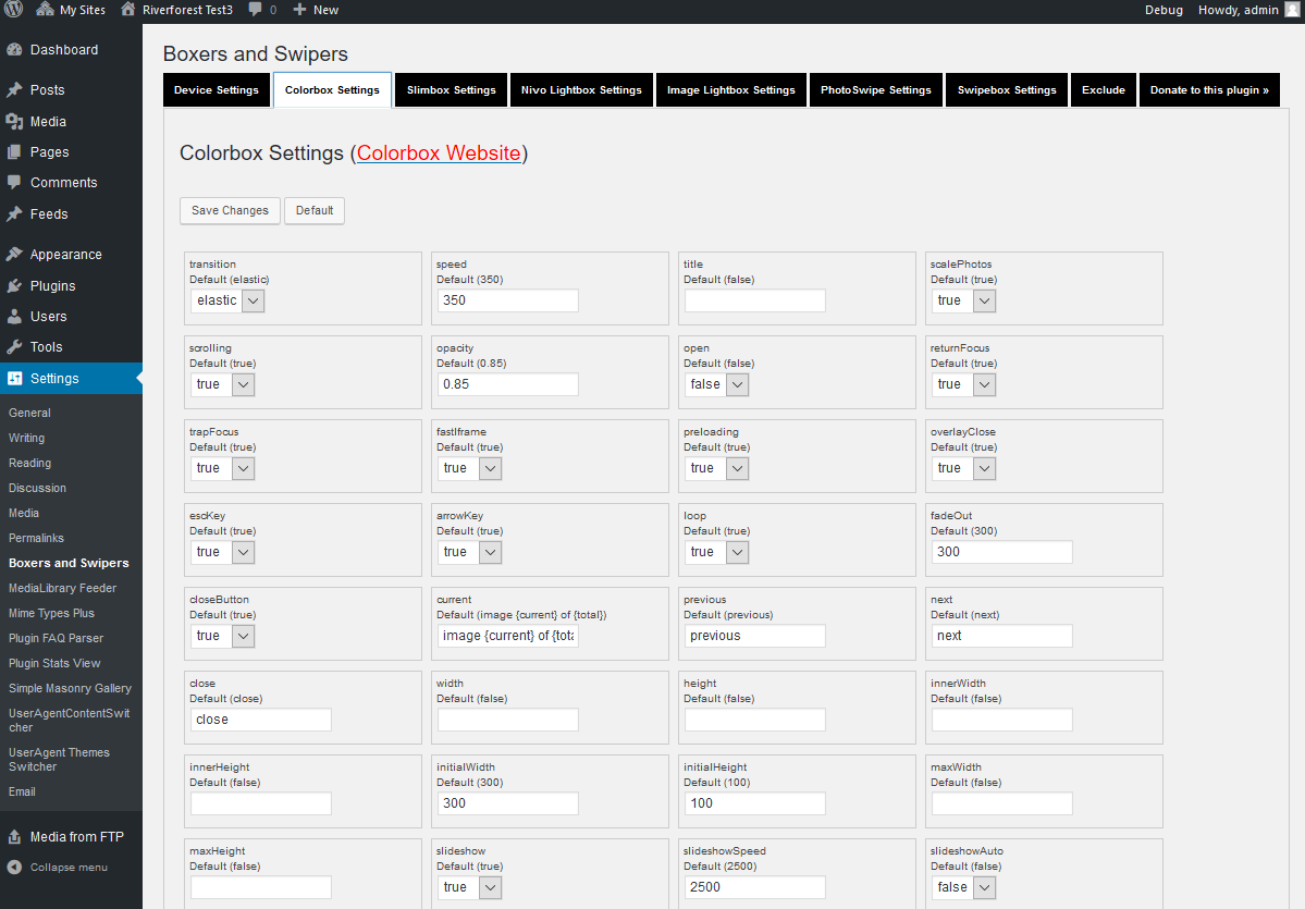 Settings of Colorbox