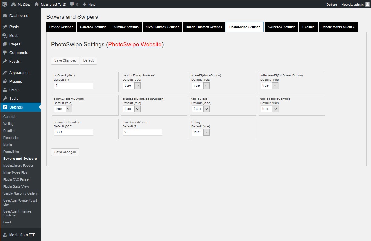 Settings of photoswipe