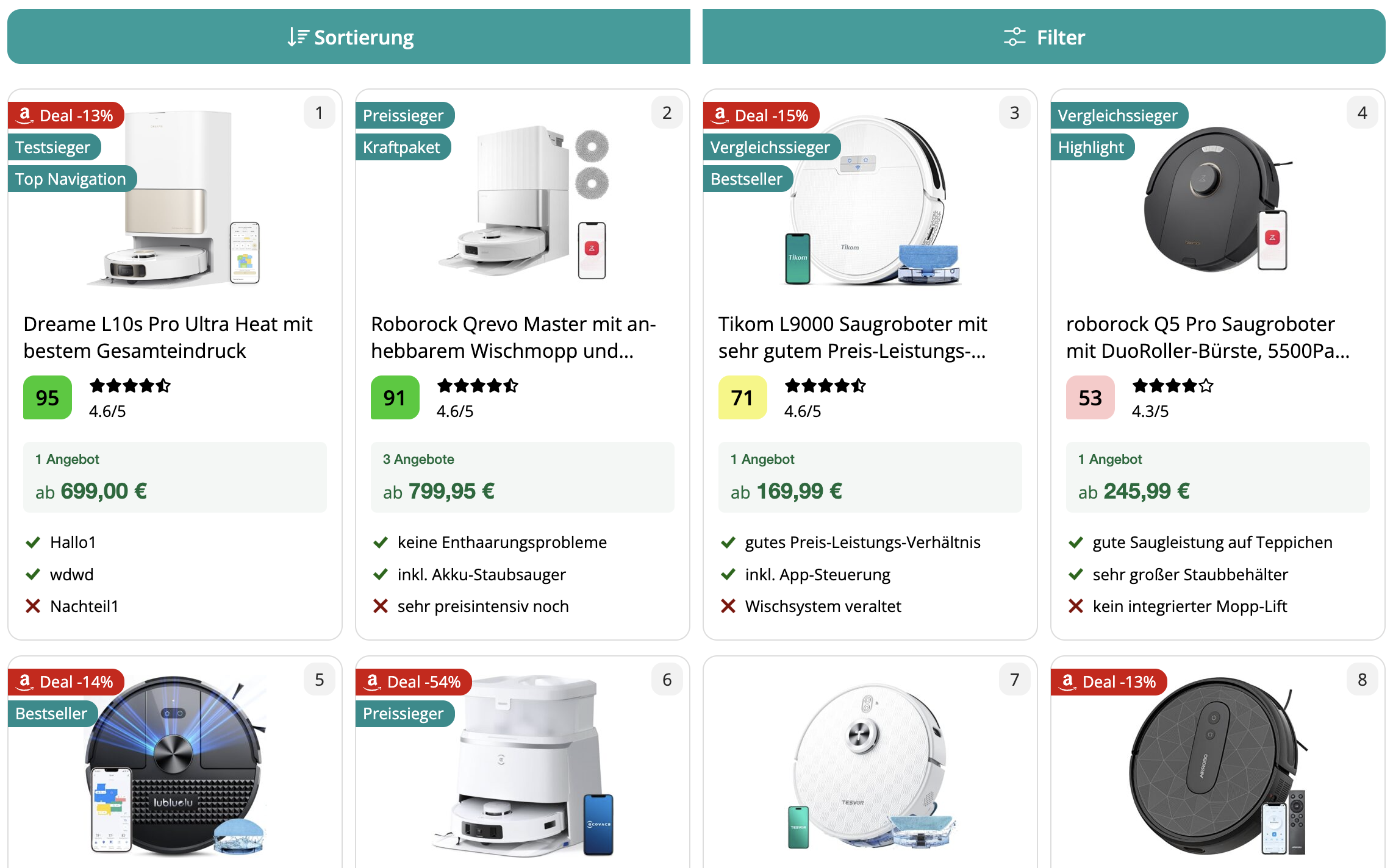 Product comparison header with filter, sort, and search options.