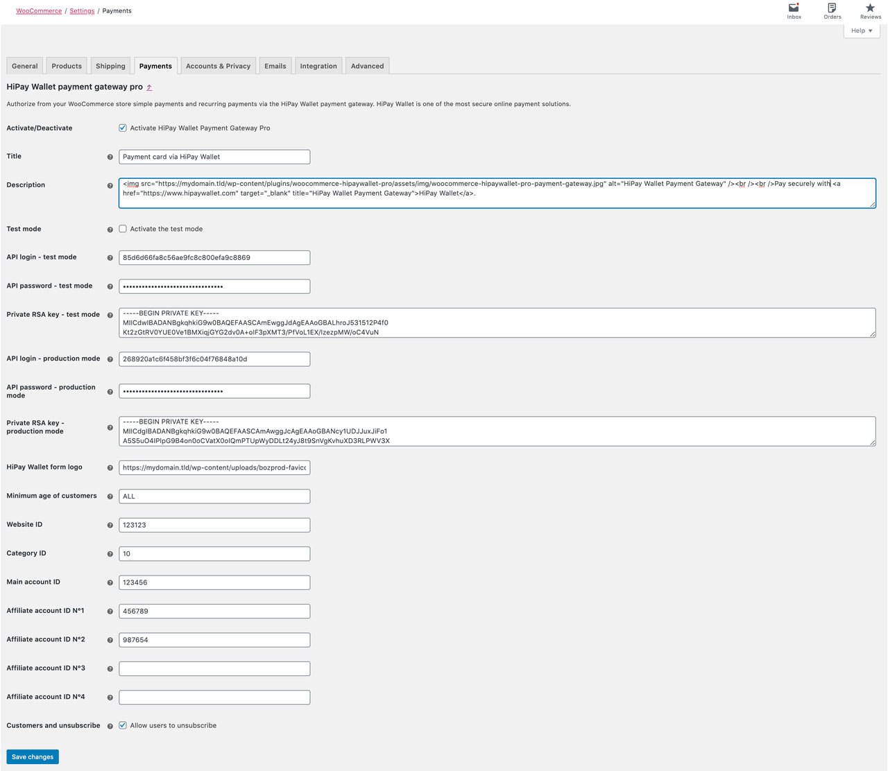 Screenshot of plug-in settings in Woocommerce Payments tab