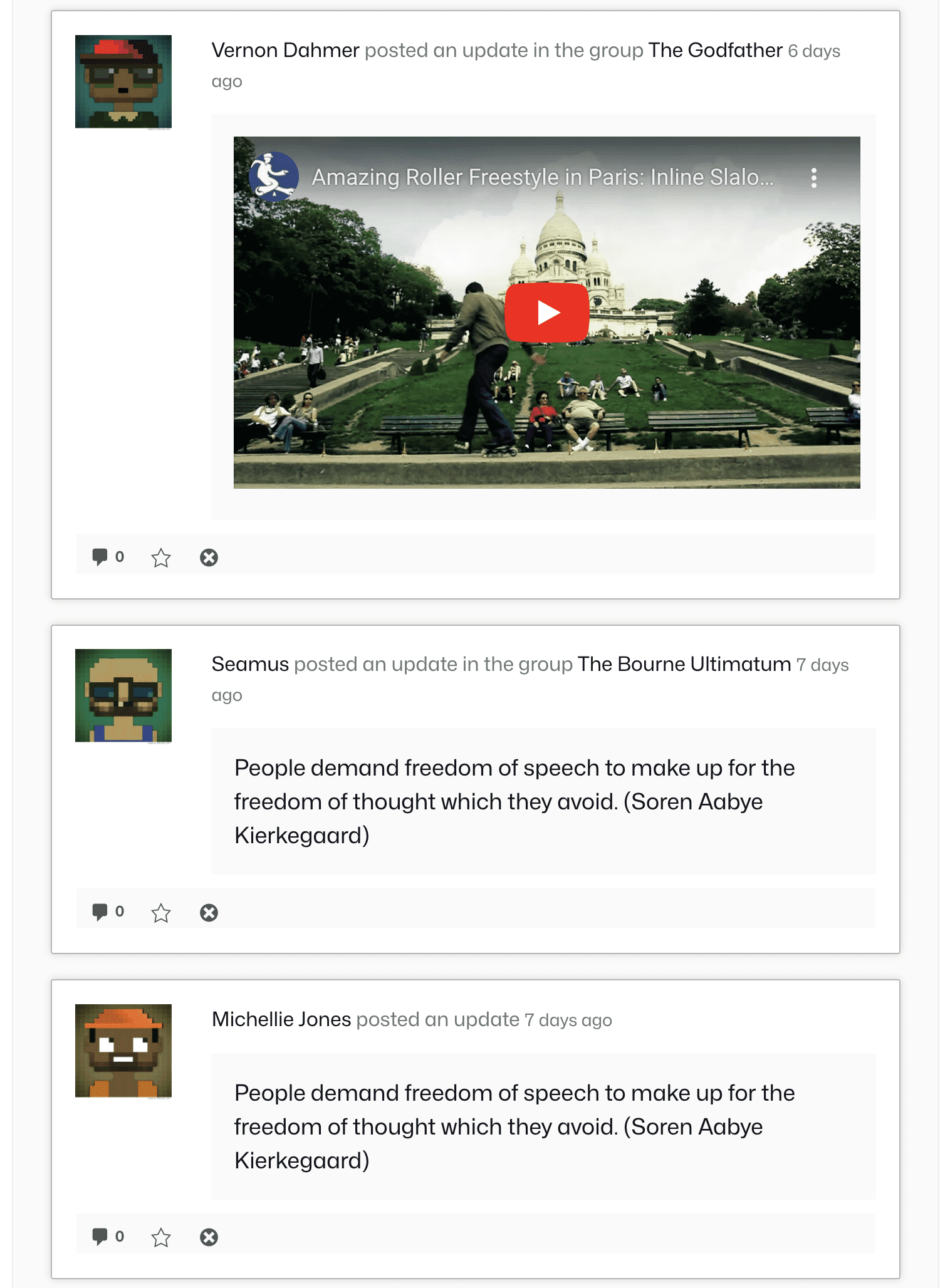 Activity feed with imported personal and group messages.