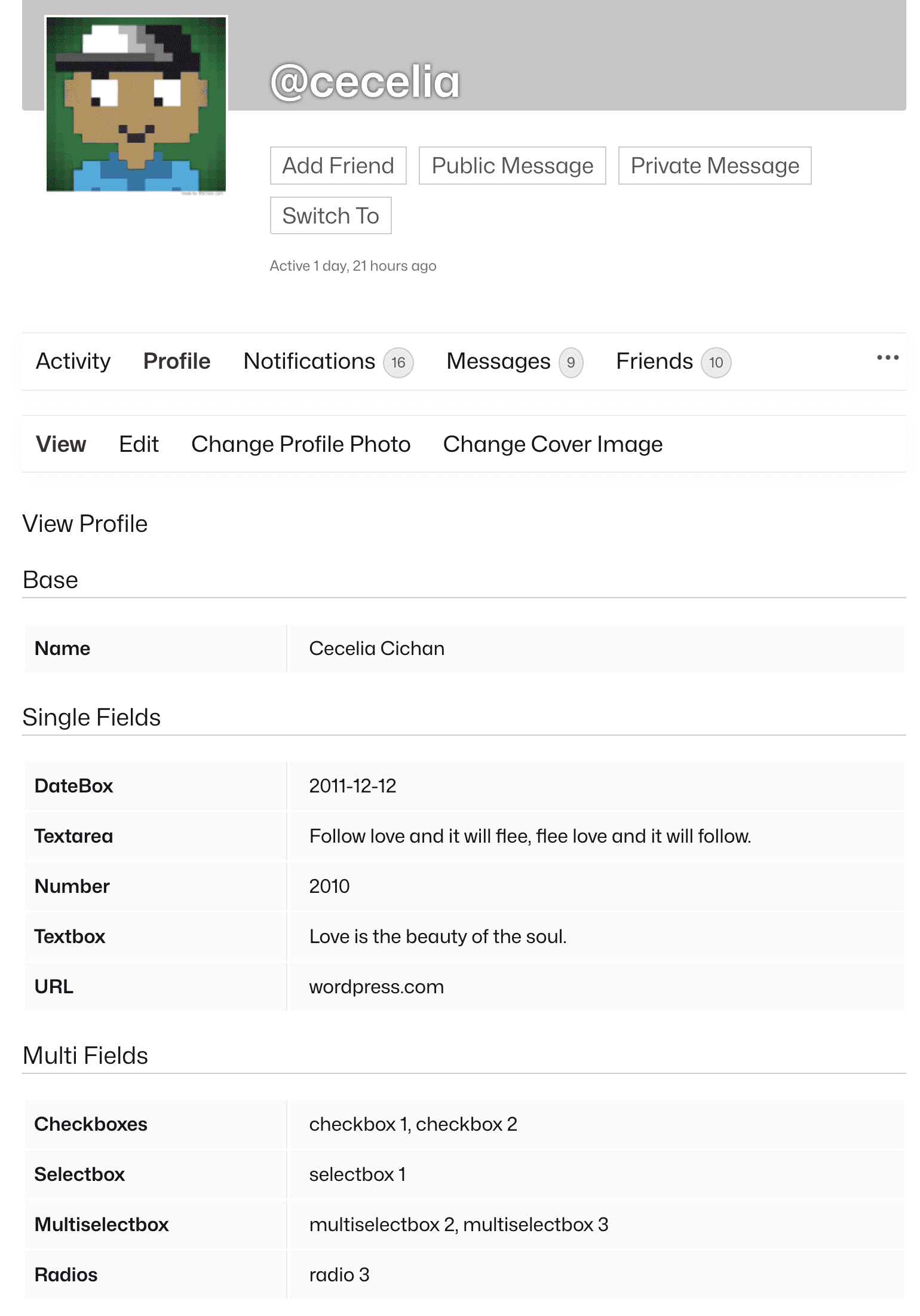User profile with filled-in xProfile fields.