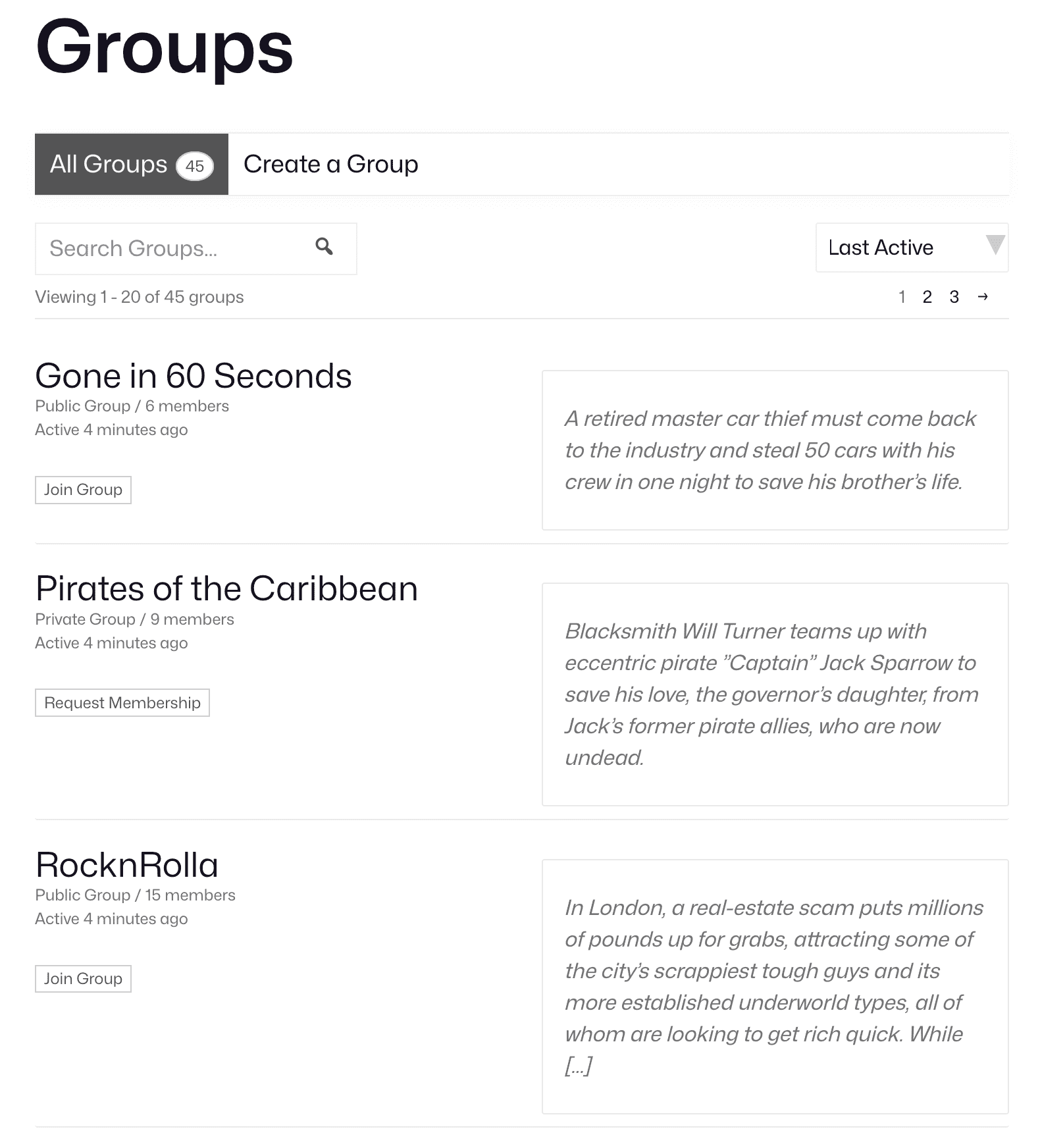 List of generated groups with descriptions, members and activity.