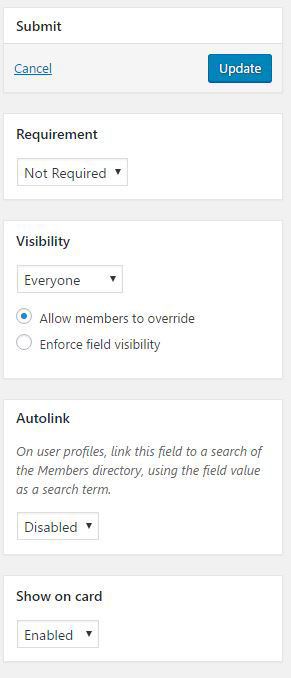 Add/Edit Profile Field - "Show on card" option appears in the right column.