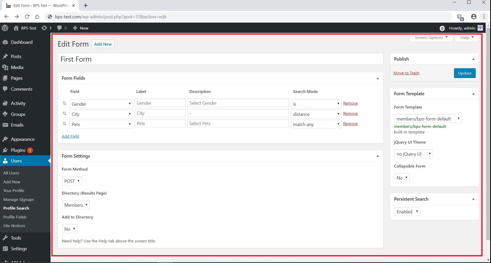 The Edit Form admin page