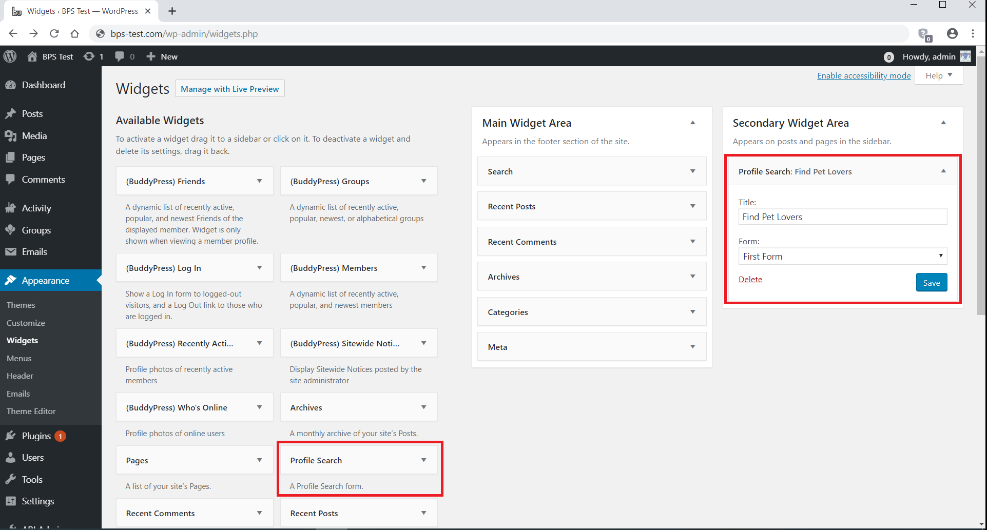 Configuration of a Profile Search widget