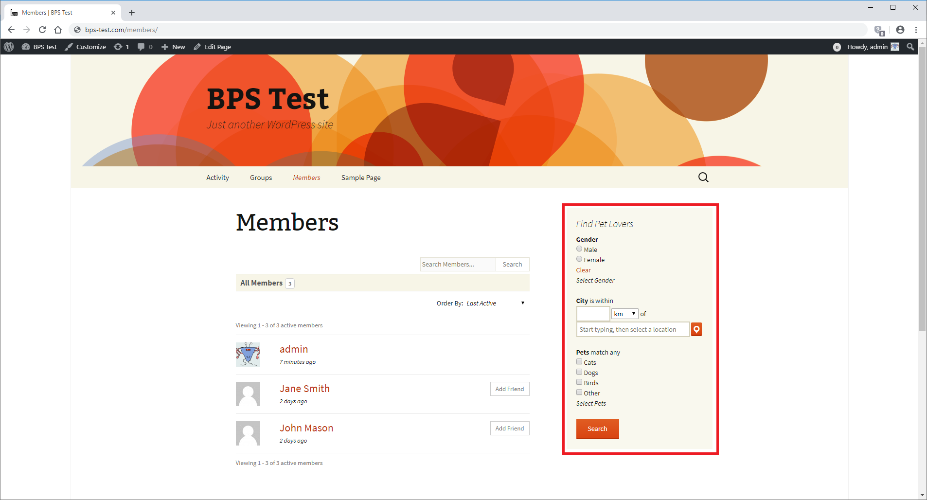 The Members directory page with a Profile Search widget