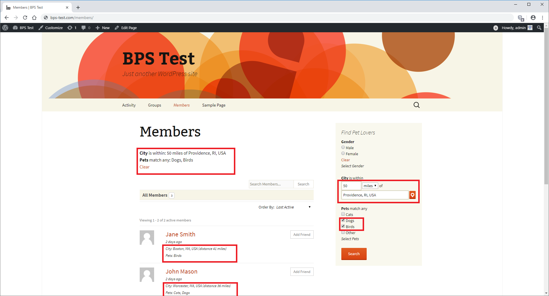 The Members directory page with search results