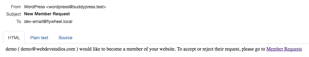 Admin receives email notice of new member: