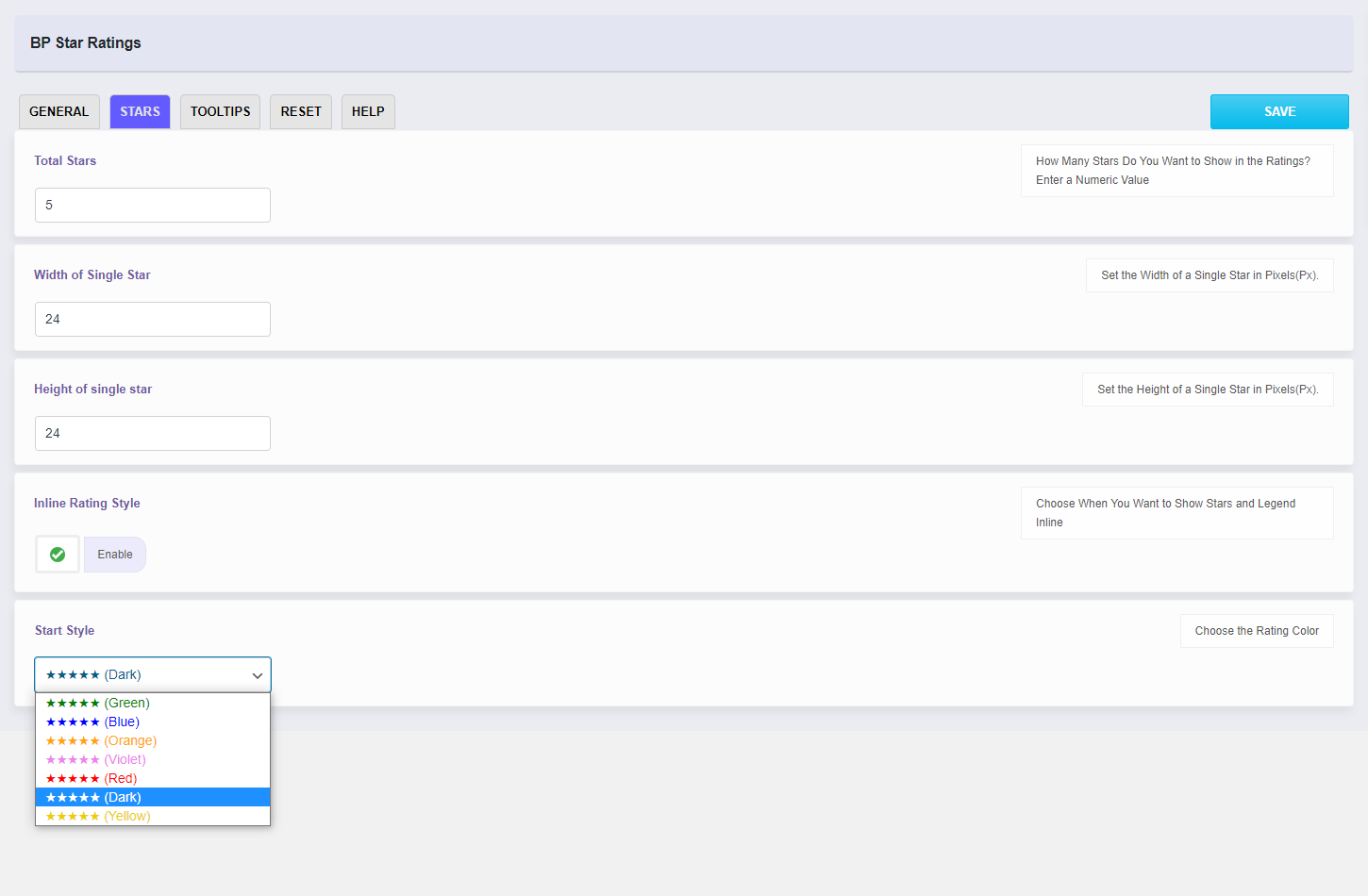 Stars settings page