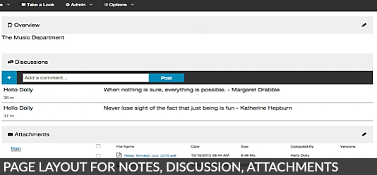 Page layouts are designed to make it easy for your team members to create content or engage. Sections arrange content for Notes, Attachments and a Discussion Area for tracking comments.