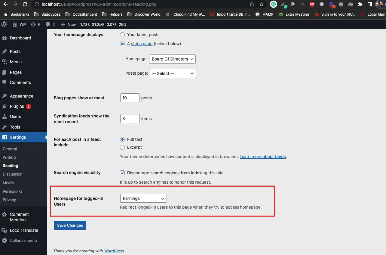 Set homepage for logged-in users.