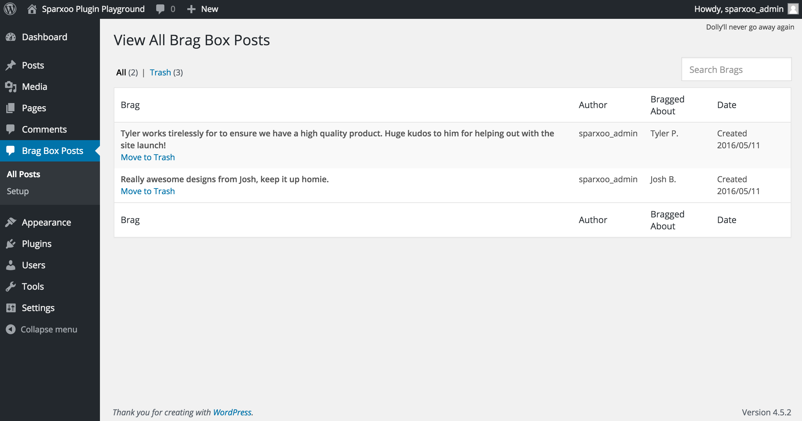 Admin Interface - All Brags
