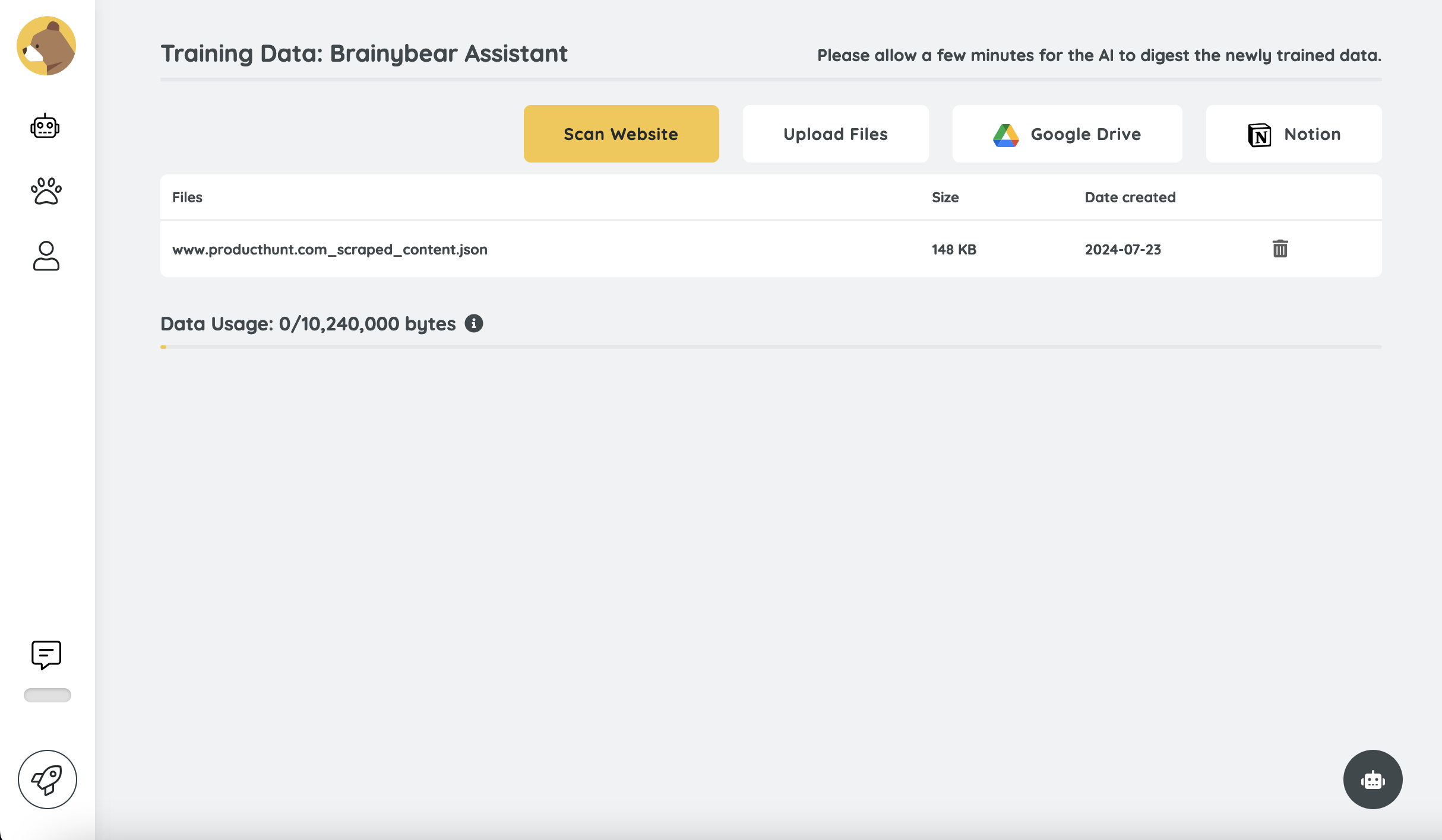 Training data from uploaded content, Google Drive, Notion or website content.