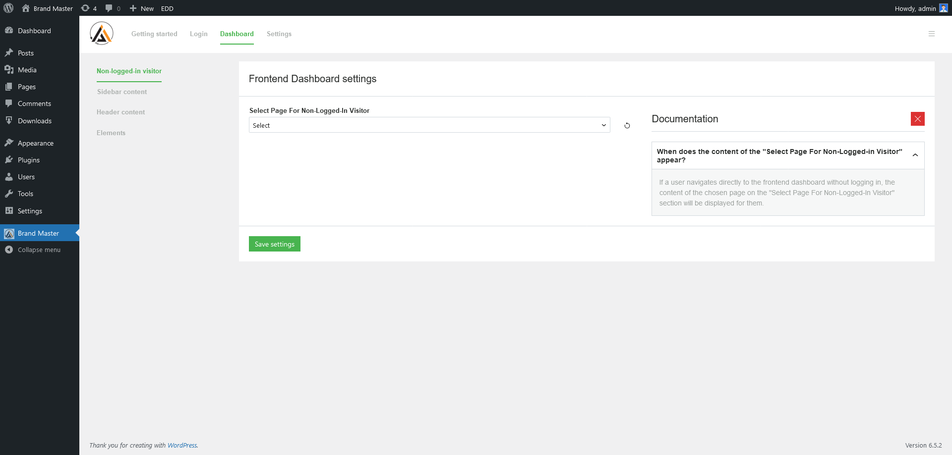 Dashboard - Settings => Advanced