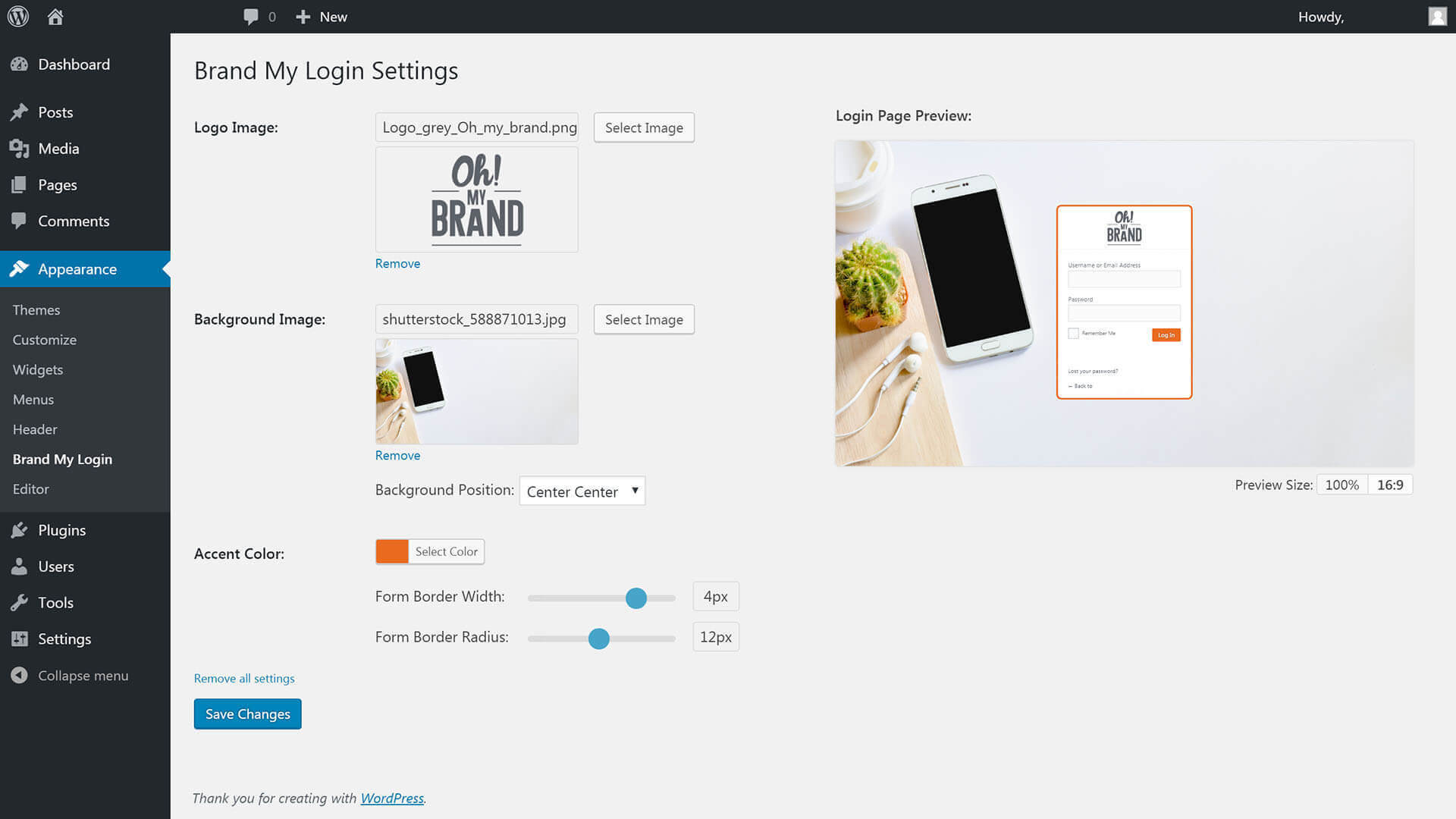 Settings page with 16:9 aspect ratio preview of login page.