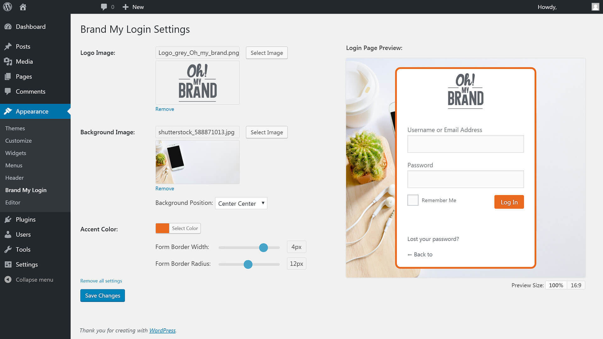 Settings page with size of 100% of login form preview.