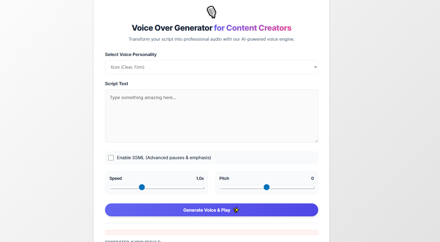 The main generator interface with Voice Selection and Pro controls.