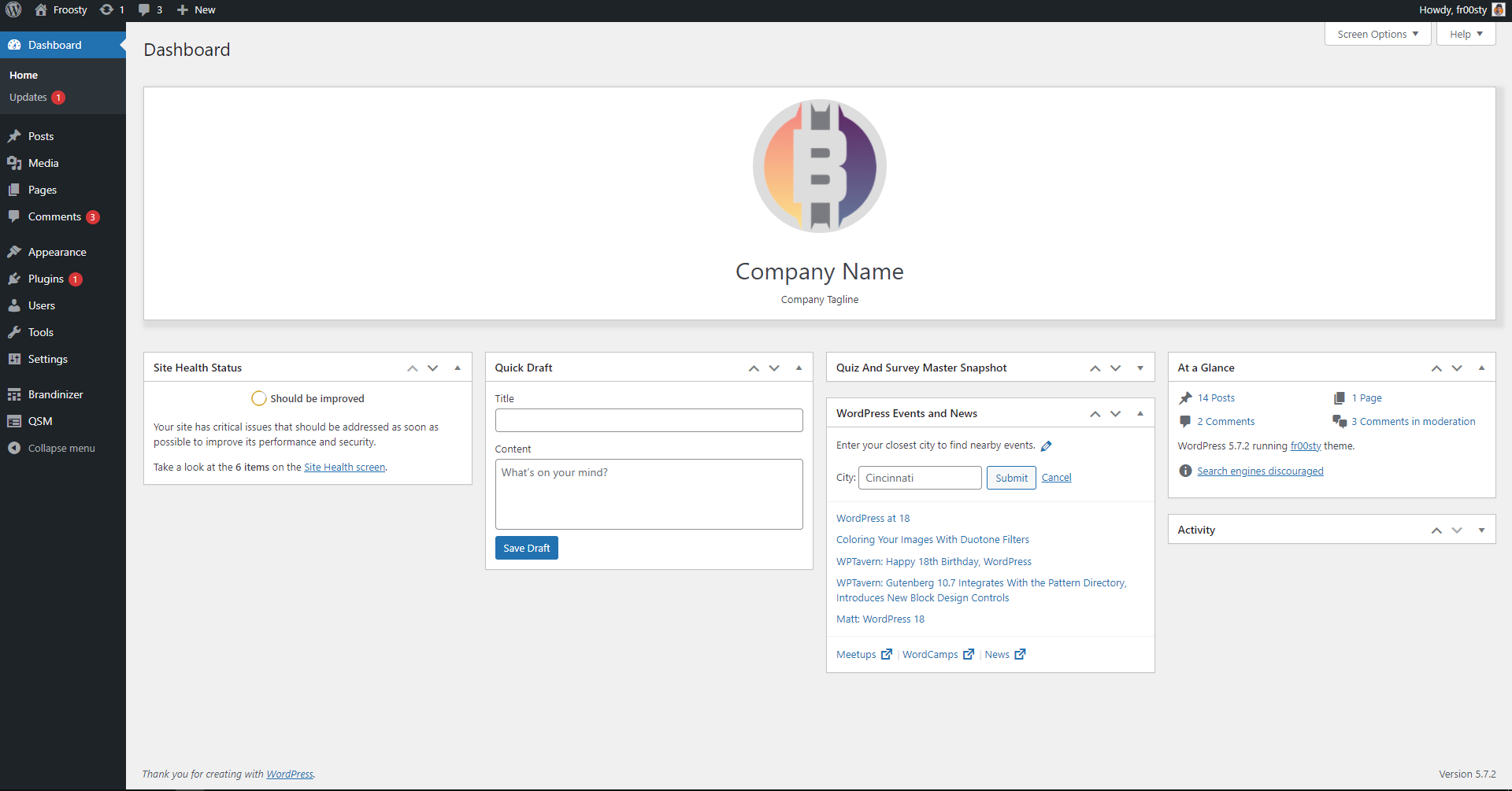 WordPress dashboard page after using Brandinizer