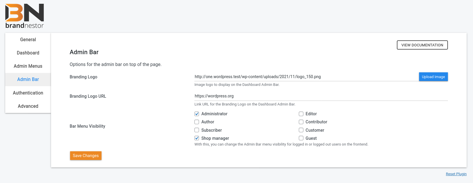 Admin Bar settings