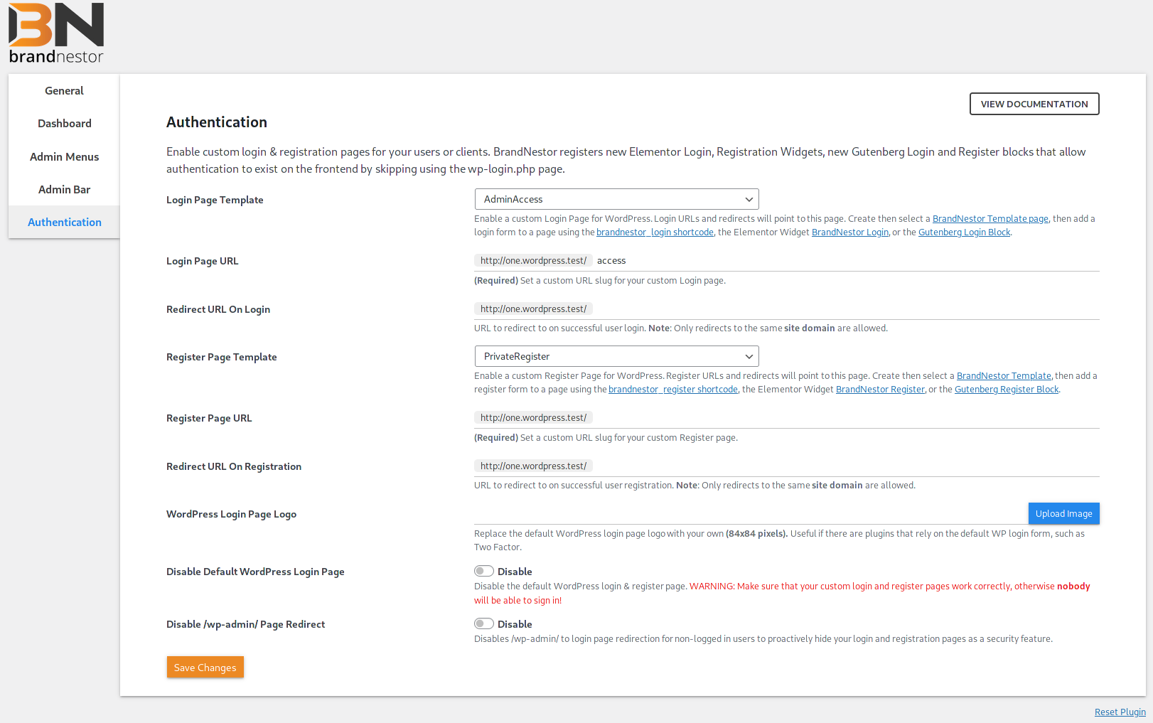 Login and Registration settings