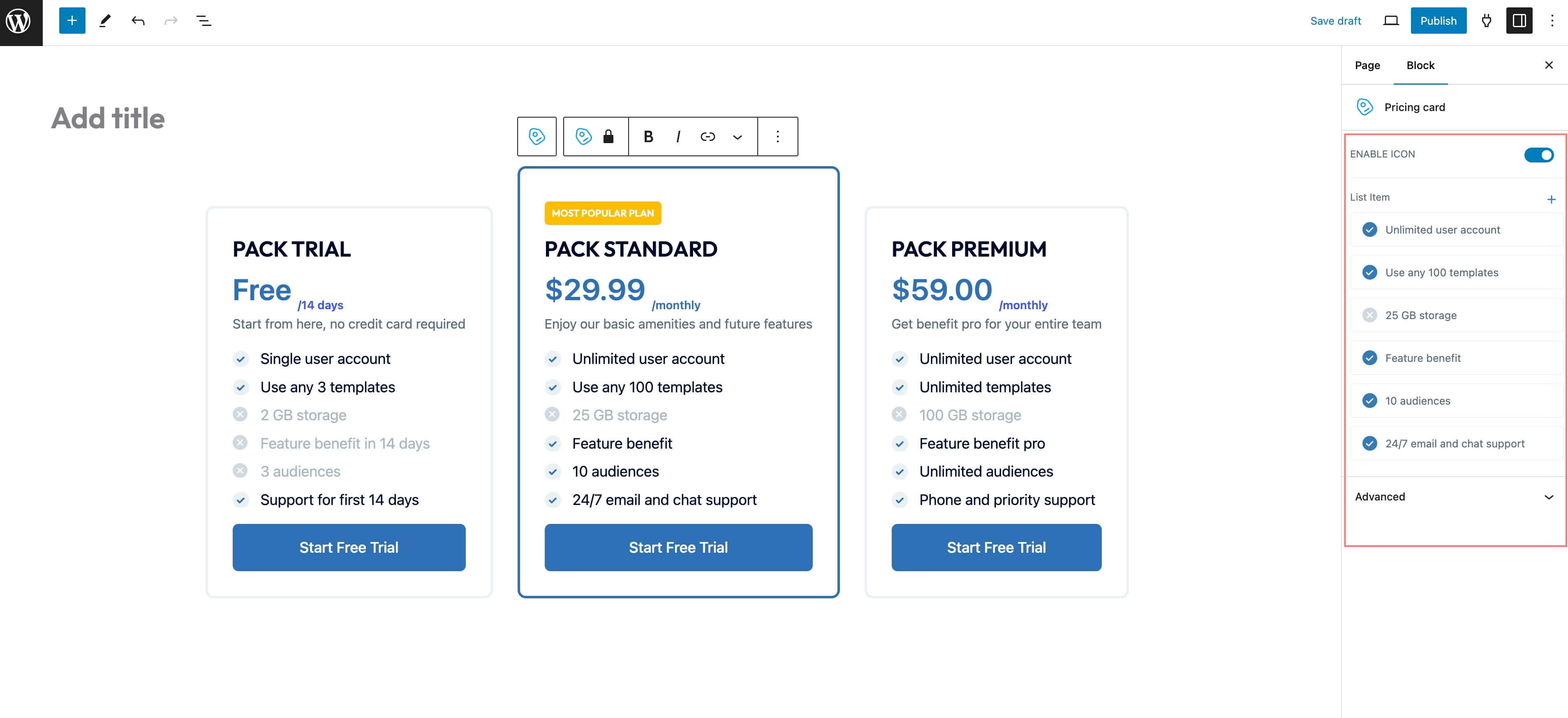 Editing a pricing plan's features and availability