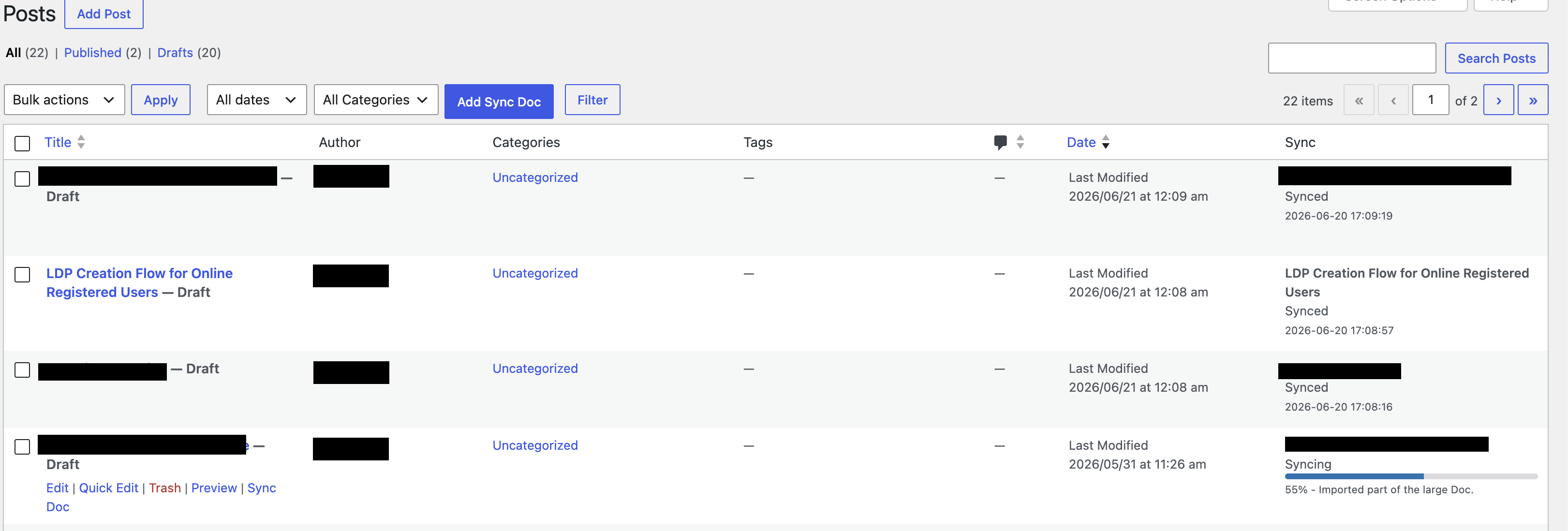 Sources list with filters and bulk sync controls.