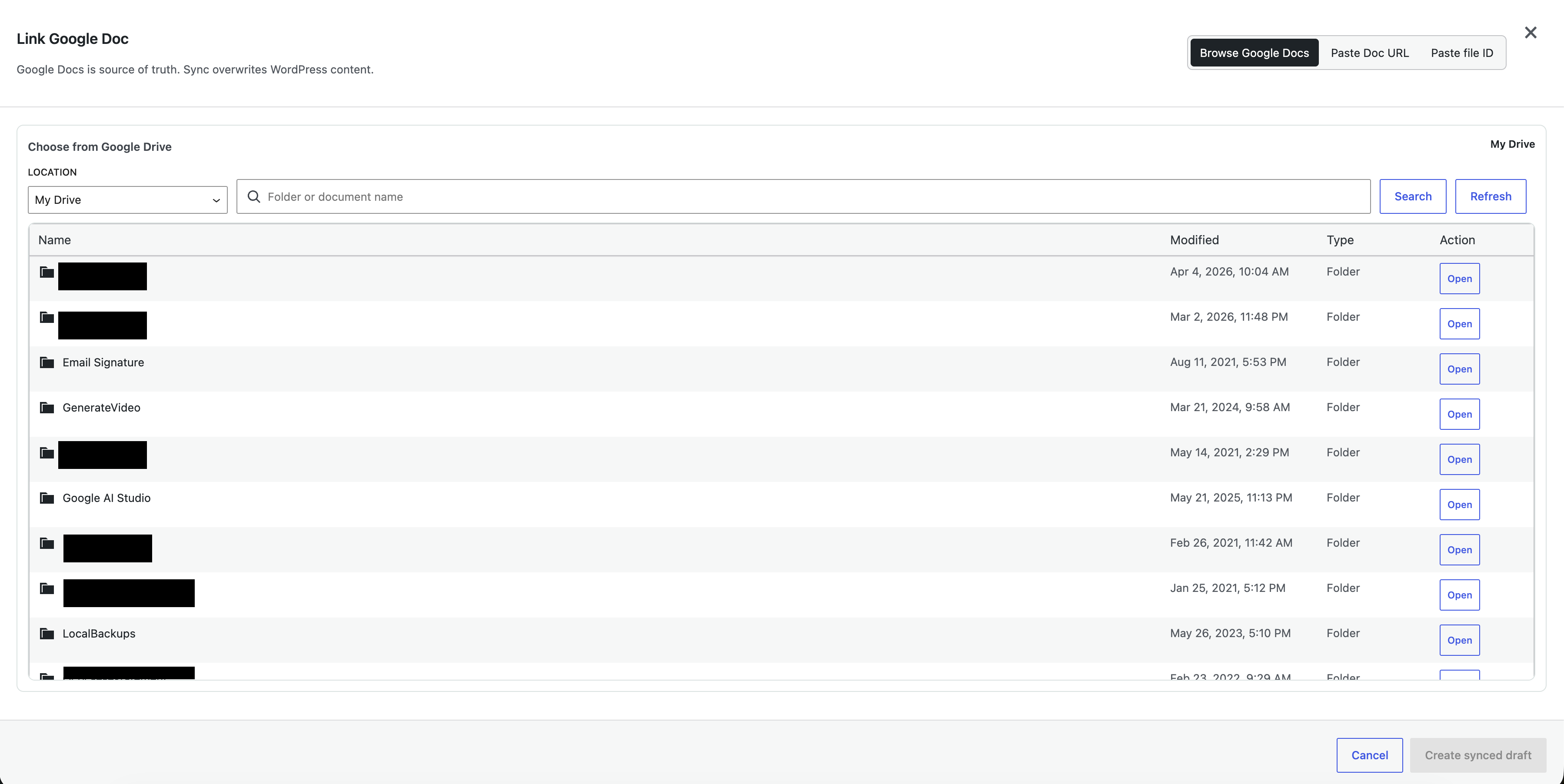 Drive browser with breadcrumbs, search, and folder navigation.