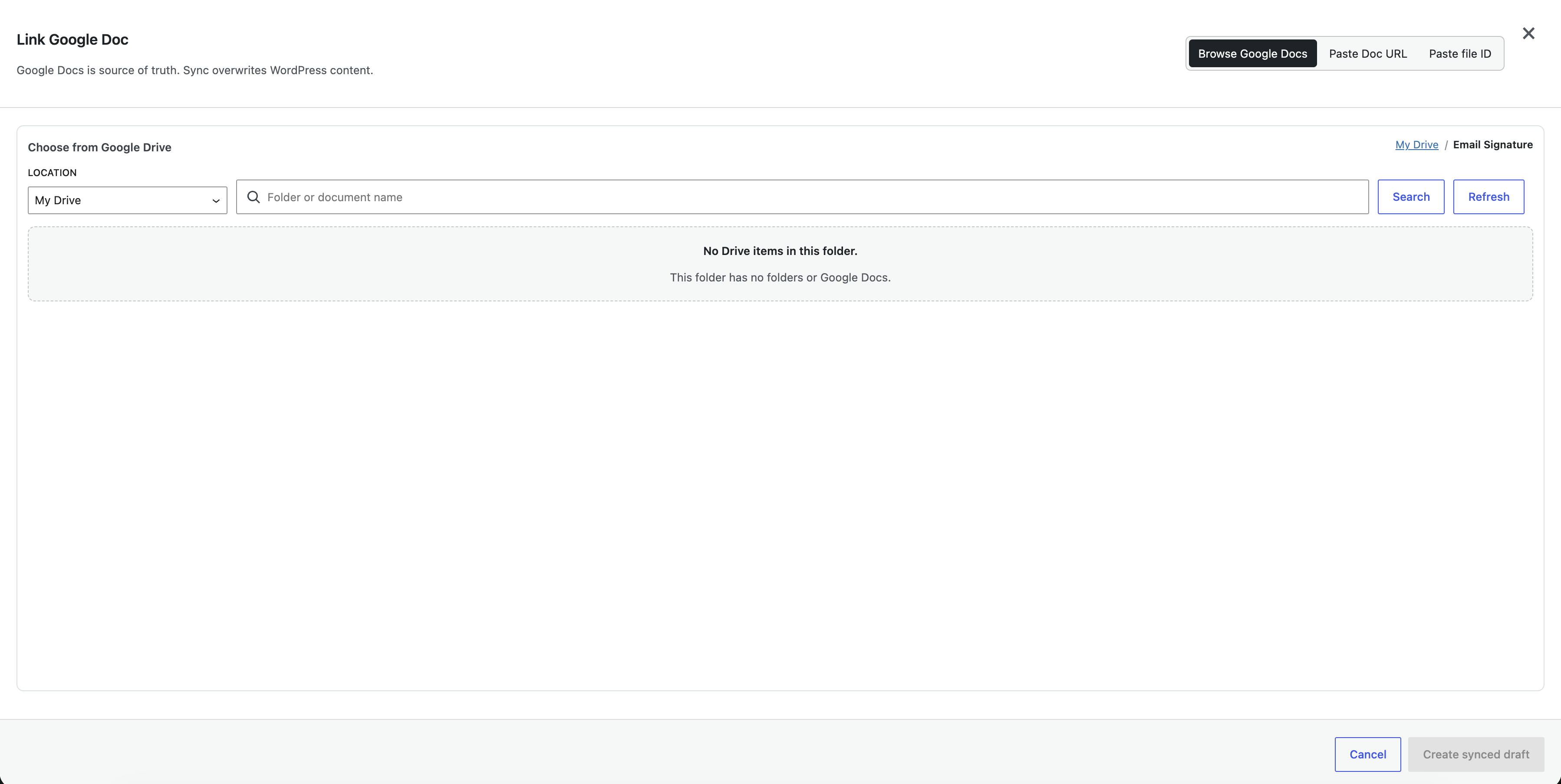 Post edit screen side meta box for link, sync now, and detach actions.