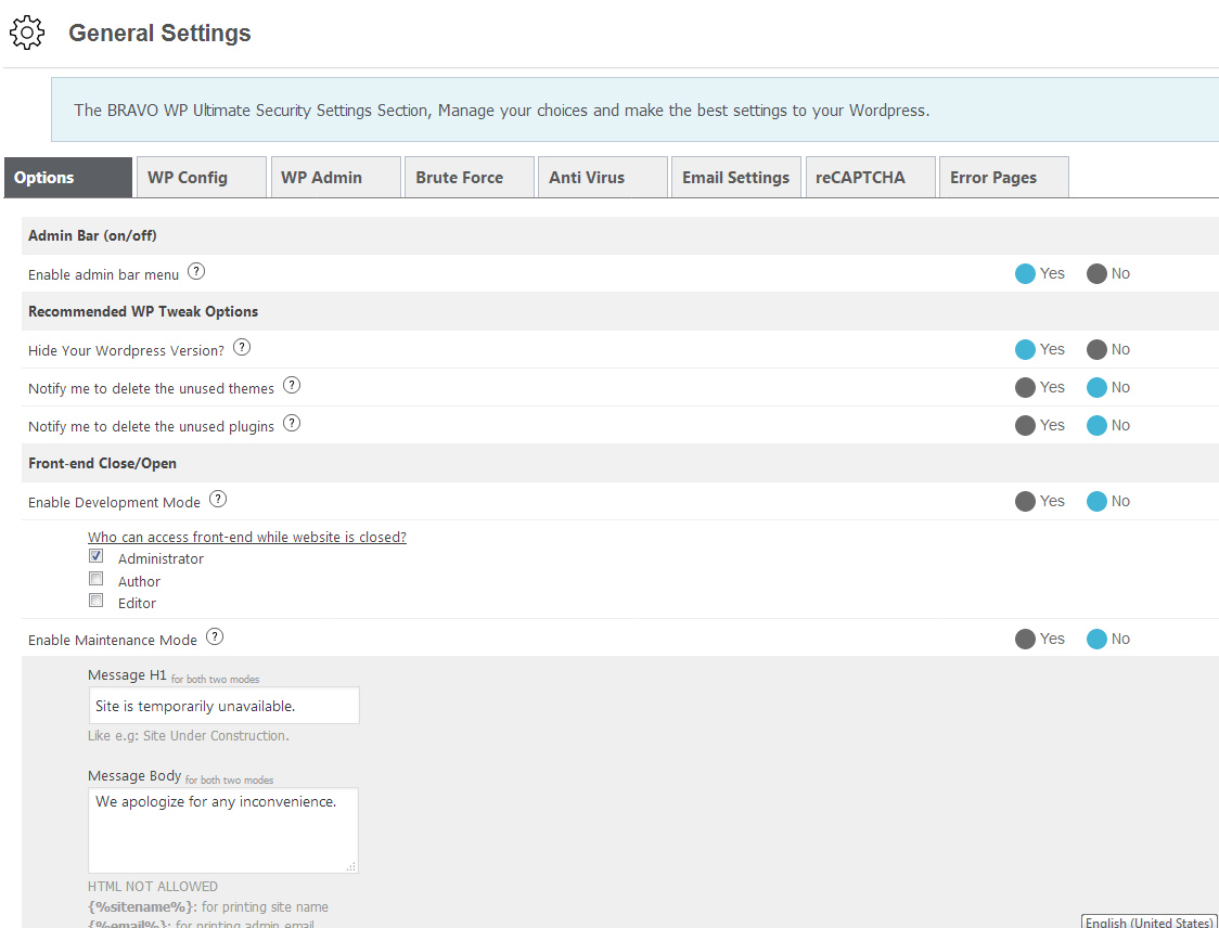 WP Admin Security Options