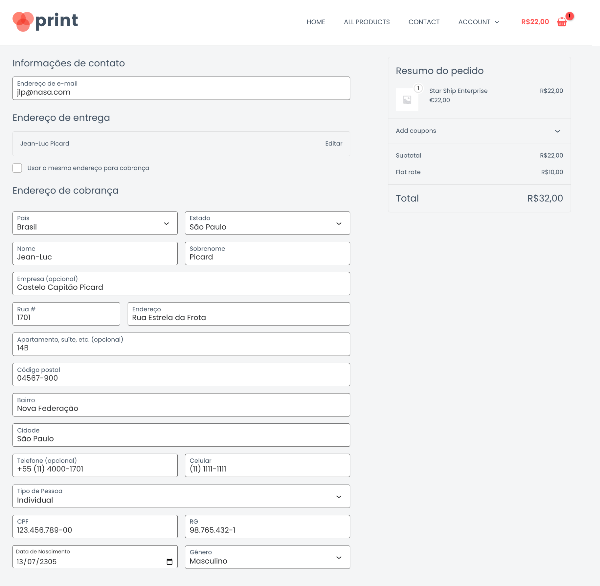 Checkout Block with Brazilian fields (CPF/CNPJ, person type, number, neighborhood)