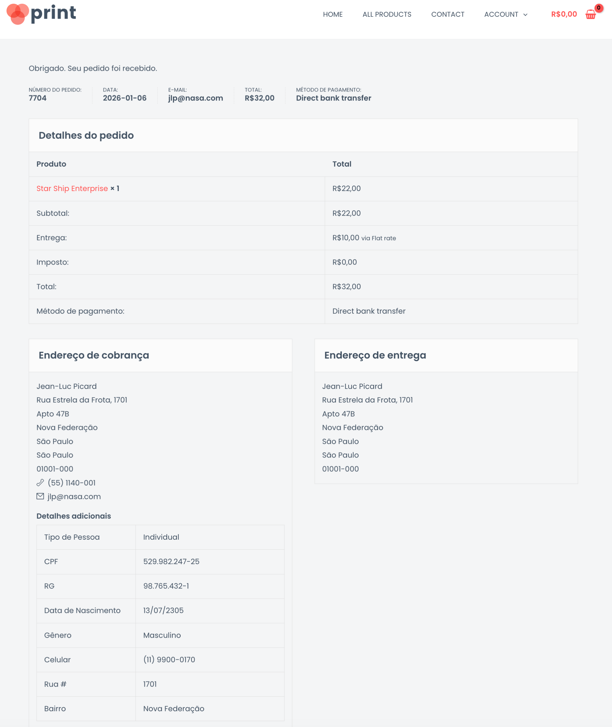 Order admin screen showing saved Brazilian customer data