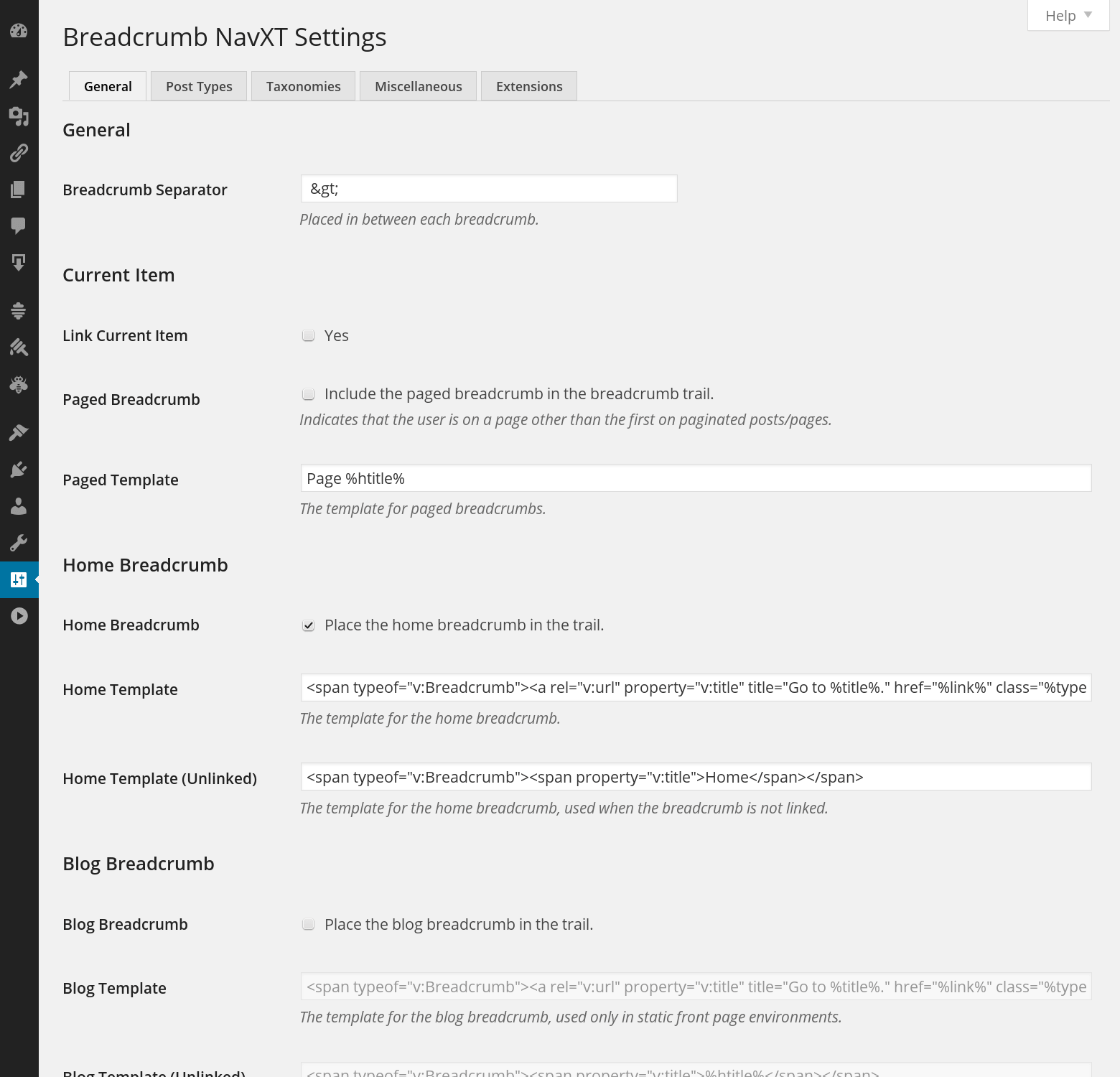 This screenshot shows 5 different examples of breadcrumbs generated by Breadcrumb NavXT