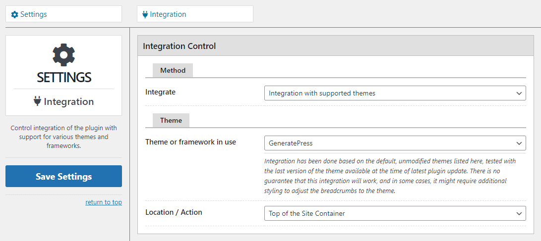Theme integration settings
