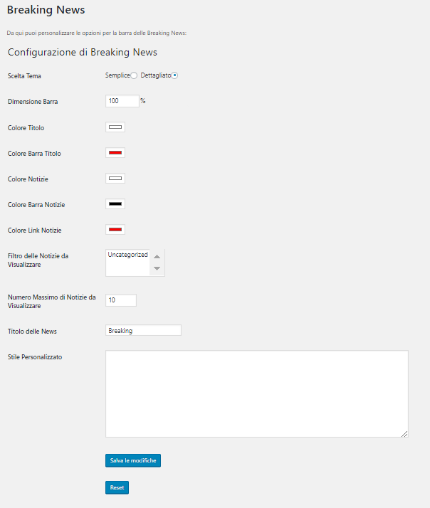 The breaking-news-wp config panel
