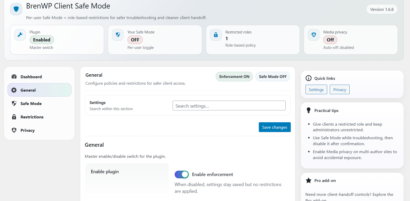 Safe Mode tab and per-user toggle
