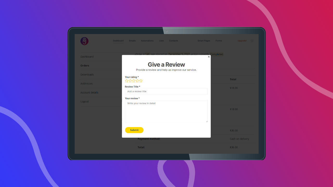 Add review popup in order page