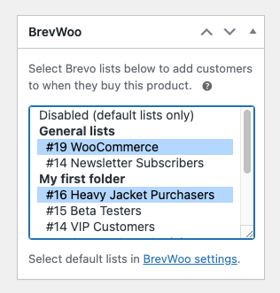 Select product-specific lists on the edit product page.