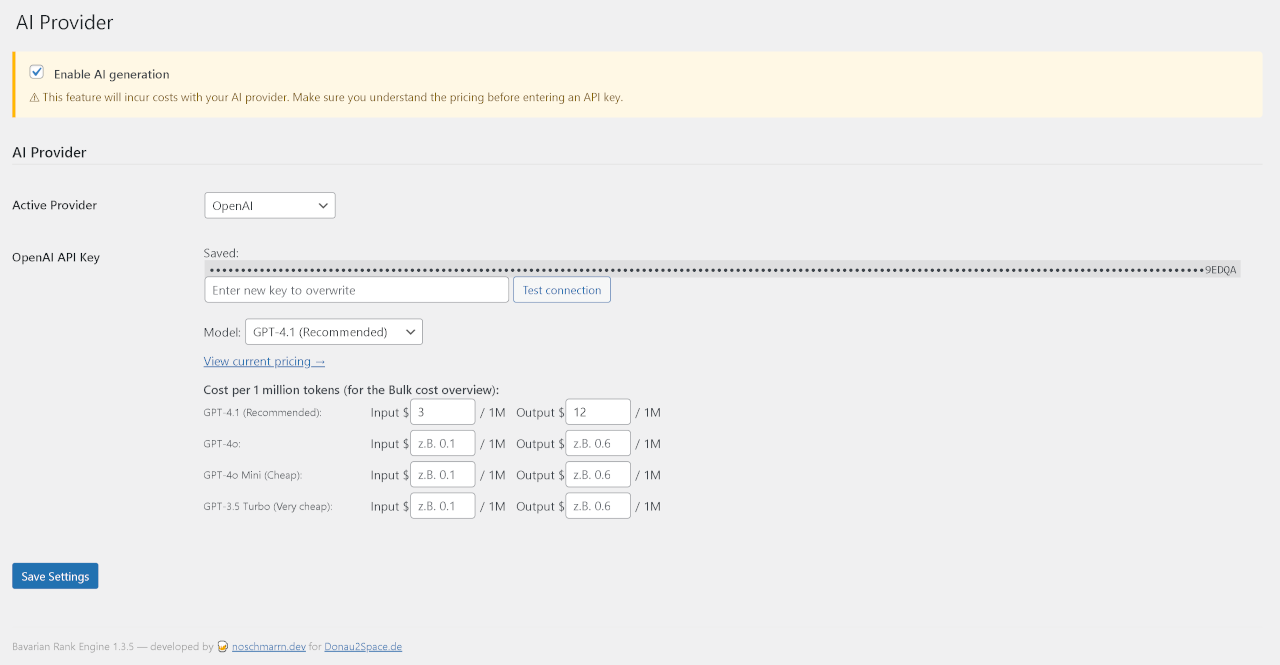 AI Provider settings — provider selector, API key entry, connection test, model picker, cost configuration.