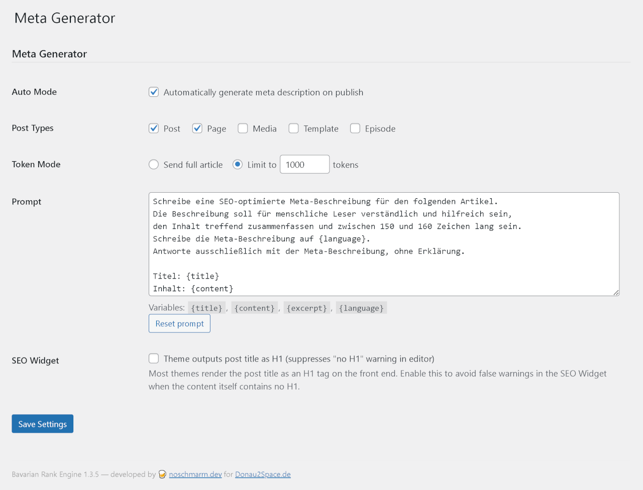 Meta Generator settings — post type selection, token limit, prompt editor, Schema.org toggles.