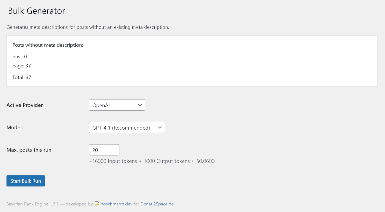 Bulk Generator — batch controls, live progress log, cost estimate.