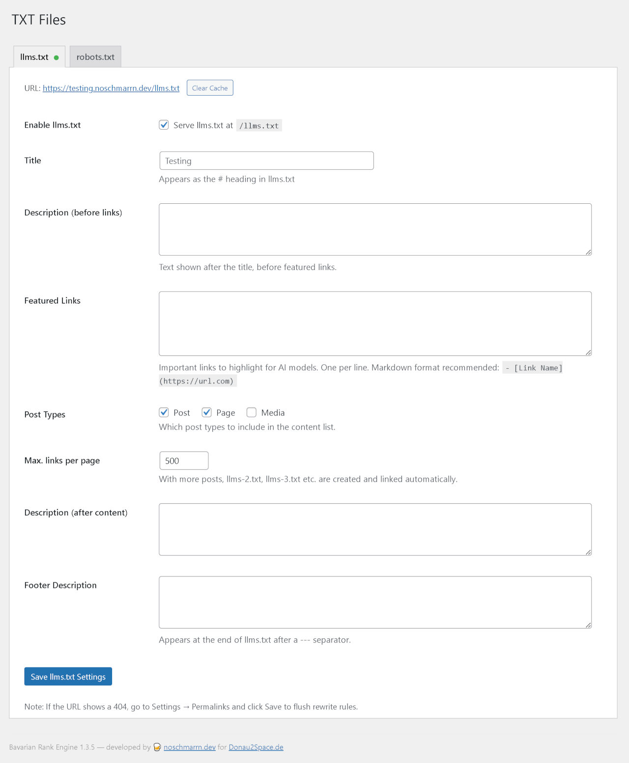 llms.txt configuration — enable toggle, custom sections, post types, pagination settings.