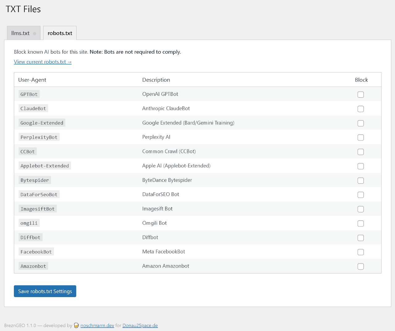 robots.txt / AI Bots — per-bot block checkboxes.