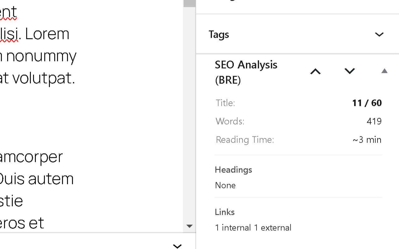 Post editor — SEO Analysis sidebar widget with live stats and warnings.